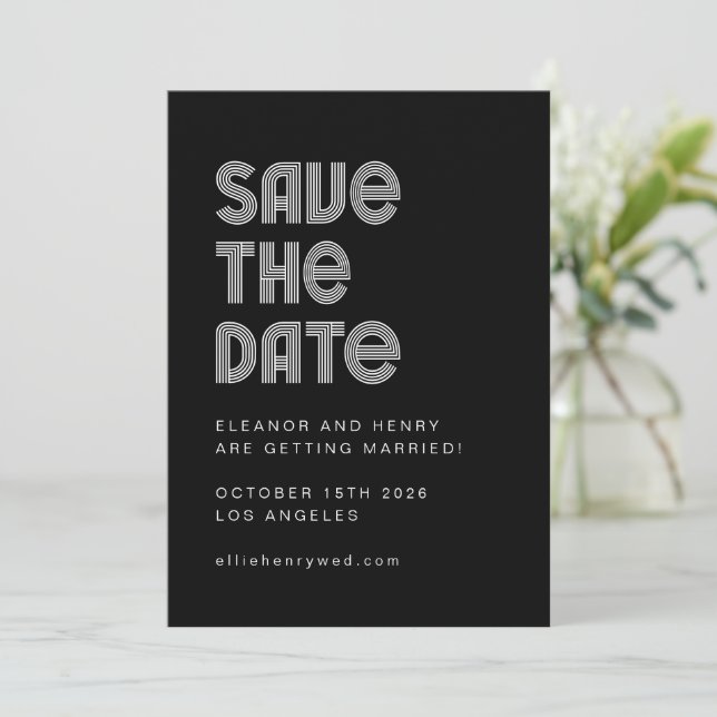 Reserve A Data Fonte Disco Retro 70s Casamento Preto Branco Único (Em pé/Frente)