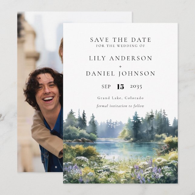 Reserve A Data Forest Lakeside Wildflowers Floral Photo Wedding (Frente/Verso)