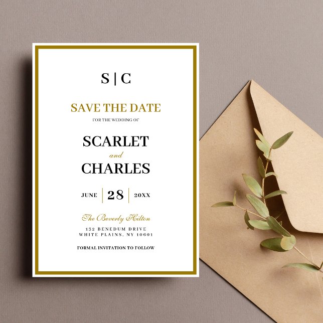 Reserve A Data Formal Classic Black Gold Monogram Wedding (Formal black and gold monogram save the date announces your wedding with timeless elegance.)