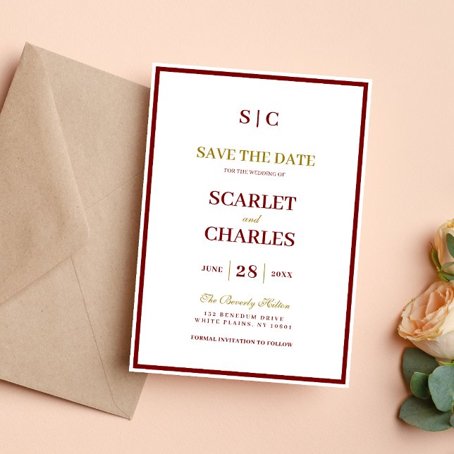 Reserve A Data Formal Classic Burgundy & Gold Monogram Wedding (Burgundy and gold monogram save the date announces your wedding with elegant, personal style.)