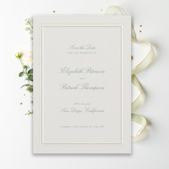 Reserve A Data Formal Modern Classic Elevated Sage Ecru Wedding (modern classic wedding save the date sage green type double frame formal traditional stately ecru)