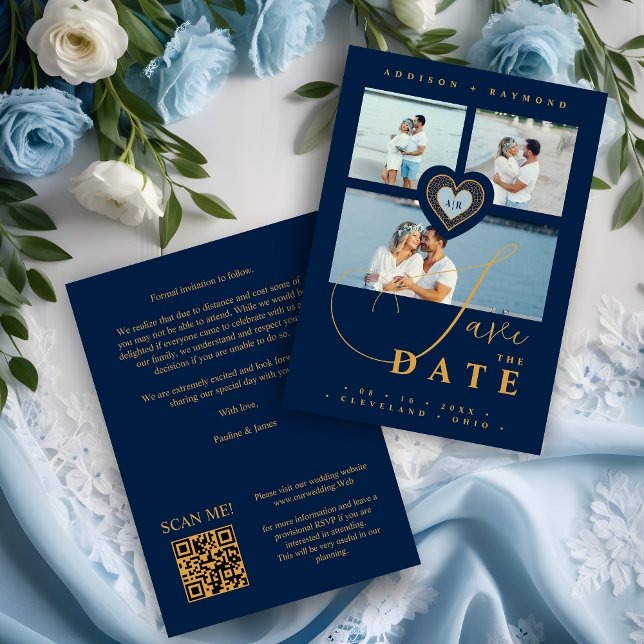 Reserve A Data Forte local Dourado e Marinho Azul 3 multifotos (Exquisite Faux Lace Gold and Navy Blue 3 Multi Photos Collage Wedding Save the Date Card.)