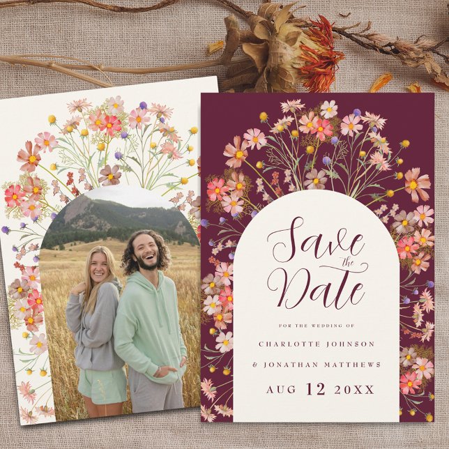 Reserve A Data Foto Arco Boho Outono Rústico Casamento de Flores  (Photo arch Boho fall rustic wildflower floral wedding save the date invitation Burgundy ivory cream)