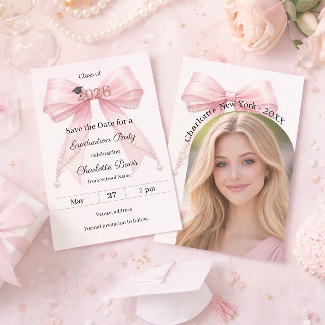 Reserve A Data Foto arco de pérolas com laço rosa Festa de format (Criador carregado)
