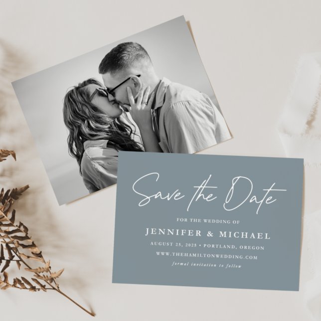 Reserve A Data Foto Azul Dusty de Script Casual (Criador carregado)