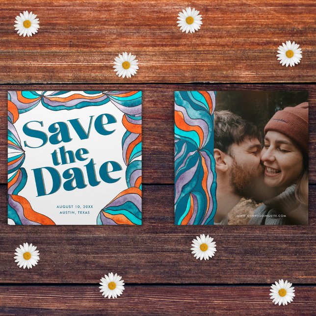 Reserve A Data Foto Azul Onda Retro Groovy Boho Ousada Única (Front and Back)