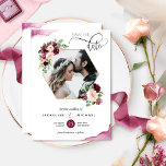 Reserve A Data Foto: Berry Geométrico e Casamento Floral de Blush<br><div class="desc">Anuncie sua data de casamento com esta linda foto de casamento. Salve o cartão de data. Design com uma bela estrutura geométrica com cobertura de fotos de flores mostrando sua imagem. Delicar manchas de aquarela detalhes de canto e caligrafia moderna escrita manual. Voltar com as mesmas manchas de aquarelas em...</div>