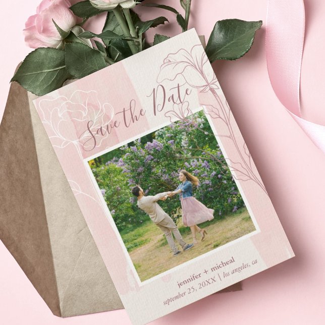 Reserve A Data Foto Botânica Rosa Poeira (Elegant Blush pink watercolor background with floral outline design Save the Date with photo.)