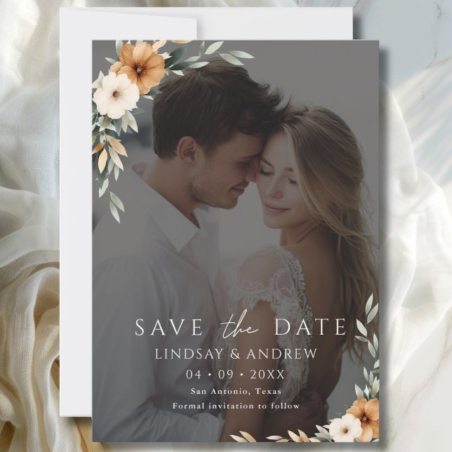 Reserve A Data Foto Botânica Terrosa de Cobre Elegante (Elegant Copper Earthy Botanical Photo Save The Date)