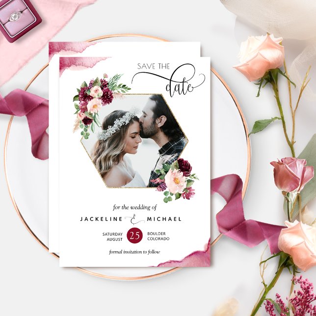 Reserve A Data Foto: Bourgundy e Blush Floral Casamento (Criador carregado)
