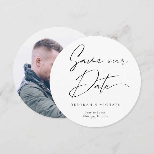 Reserve A Data Foto branca preta do círculo redondo de caligrafia (Frente/Verso)