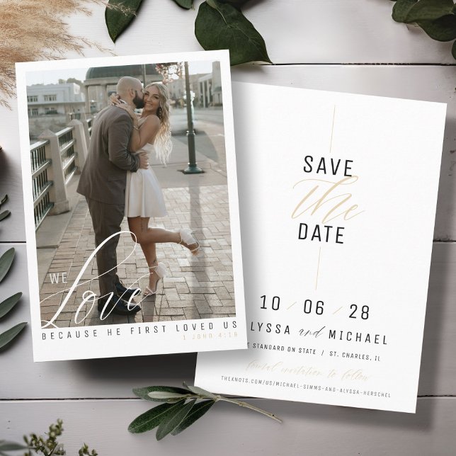 Reserve A Data Foto Branca Simples Elegante Moderna Casamento Cri (Love scripture elegant photo simple gold, black and white modern Christian wedding save the date)