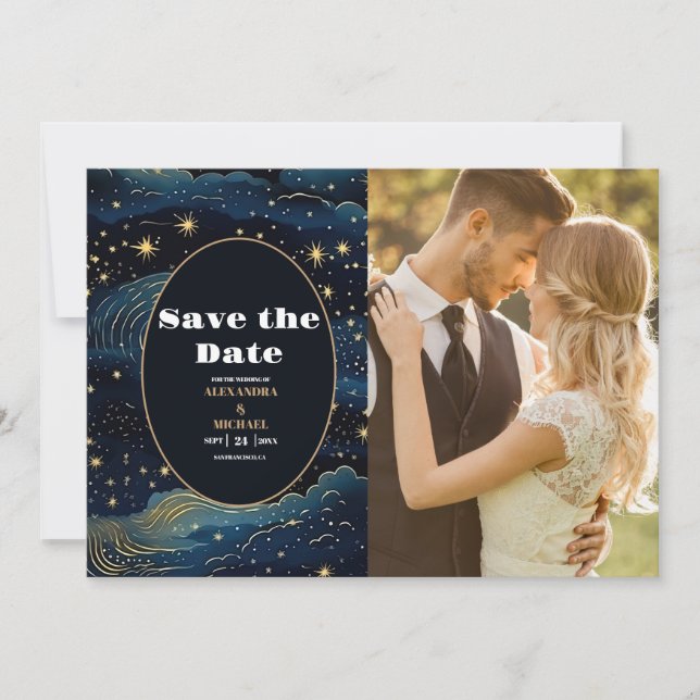 Reserve A Data Foto Casamento Estrelas Azul Meia-Noite Celestial  (Frente)