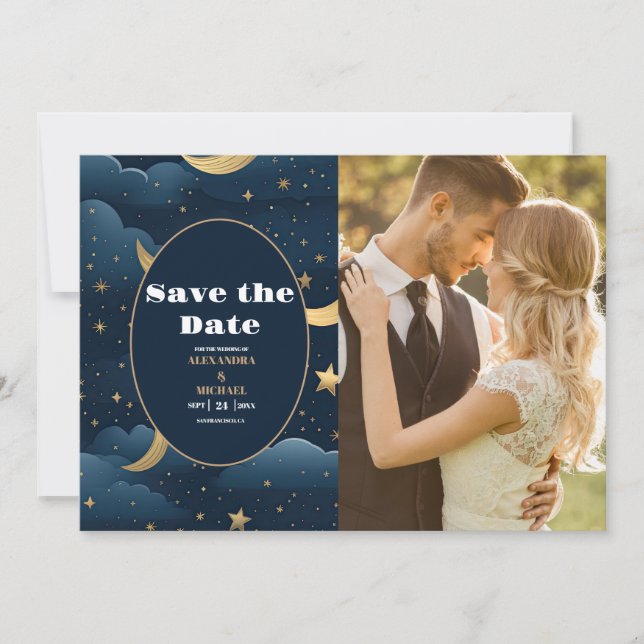 Reserve A Data Foto Casamento Estrelas Azul Meia-Noite Celestial  (Frente)