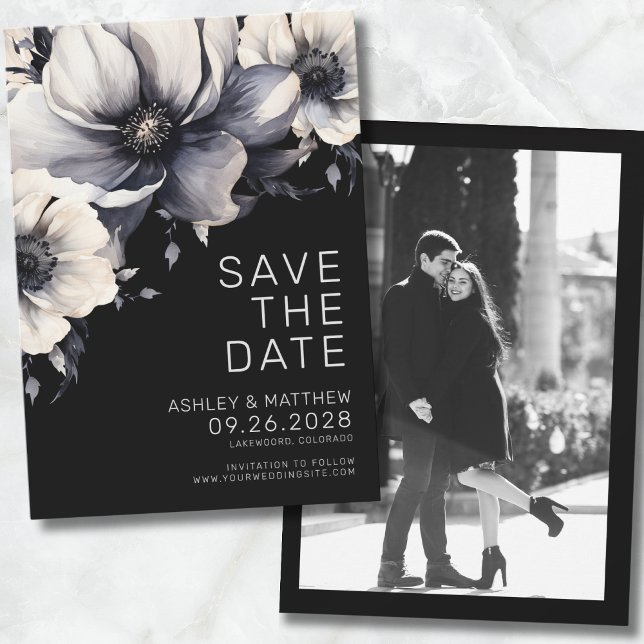 Reserve A Data Foto Casamento Floral Preto (Photo Chic Modern Elegant Black Floral Wedding Save The Date)