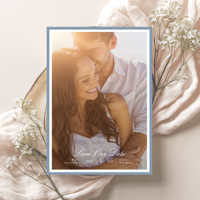 Reserve A Data Foto Clássica com Moldura Azul Caligrafia (Criador carregado)