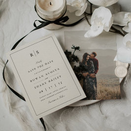 Reserve A Data Foto Clássica do Monograma Preto e Ecru