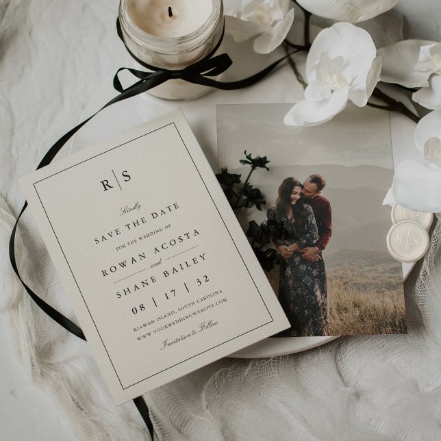 Reserve A Data Foto Clássica do Monograma Preto e Ecru (Criador carregado)