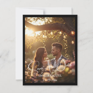 Reserve A Data Foto com Borda Preta Elegante Moderno Script Branc