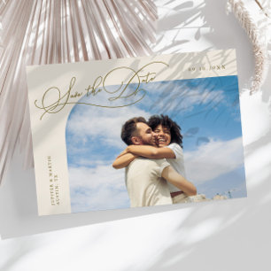Reserve A Data Foto com Moldura Curva Creme de Letra Elegante