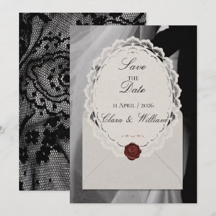 Reserve A Data Foto com Selo de Cera em Renda Preta Vintage para