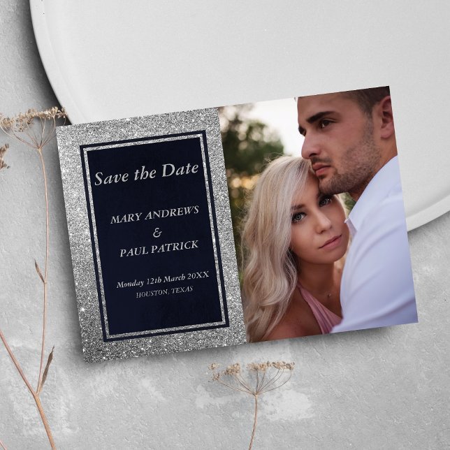 Reserve A Data Foto da brilhante marinho azul de prata Salve a da (Glam navy blue silver glitter photo Save The Date)