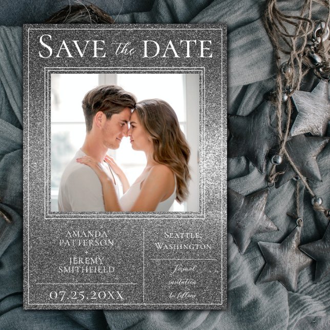 Reserve A Data Foto da Silver Glitter para salvar a data (Silver Glitter Photo Save The Date)