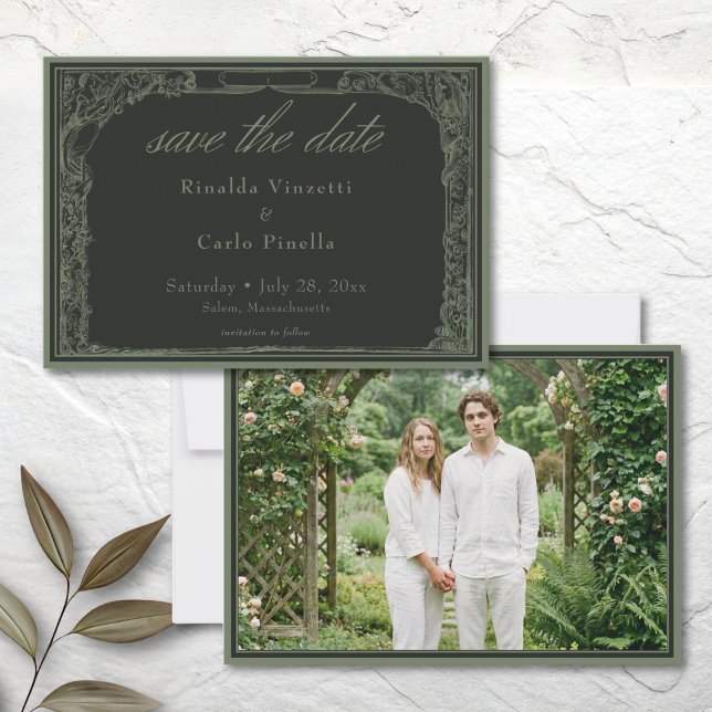 Reserve A Data Foto da Treliça Botânica Arqueada Sage Preta Vinta (Sage Black Vintage Botanical Trellis Arch Photo Save The Date)