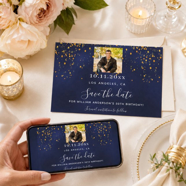 Reserve A Data Foto de aniversário com confete dourado em azul ma (Criador carregado)