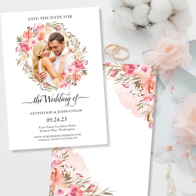 Reserve A Data Foto De Aquarela Floral Rosa Elegante (Elegant Pink Peach Floral Watercolor Photo Save The Date)