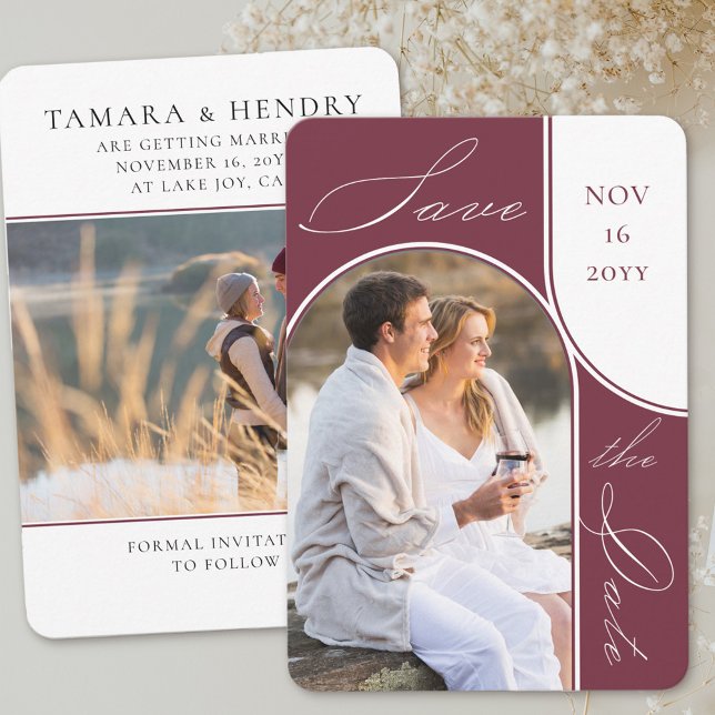 Reserve A Data Foto de Arch Moderno Elegante Caligrafia Borgonha (Save the Date with modern arch photo and a second picture on the back. )