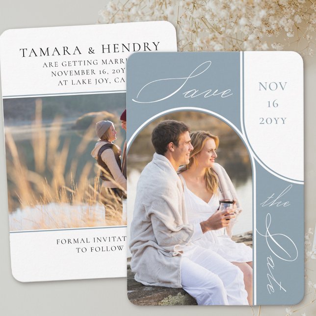 Reserve A Data Foto de Arco Moderno Elegante Caligrafia Dusty Blu (Save the Date with modern arch photo and a second picture on the back)