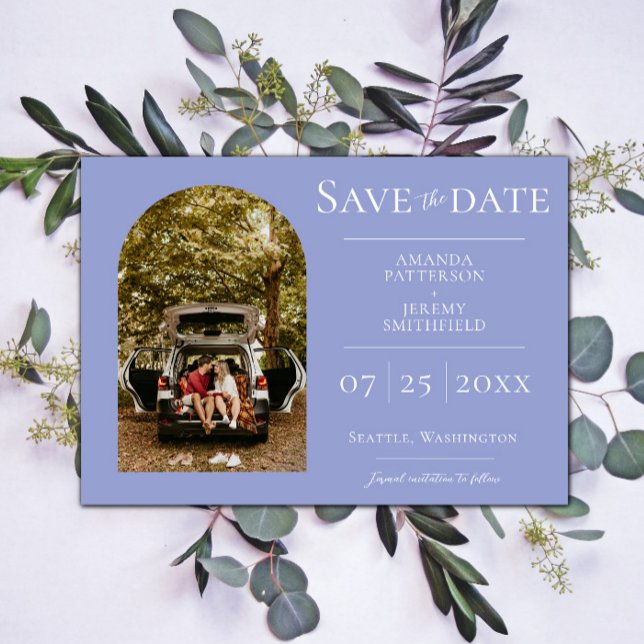 Reserve A Data Foto de Arco Simples | Periwinkle Salvar a Data (Periwinkle Simple Arch Photo Save the Date)