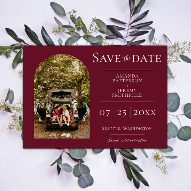 Reserve A Data Foto de Arco Simples | Salve a Data Vinho Vermelho (Wine Red Simple Arch Photo Save the Date)