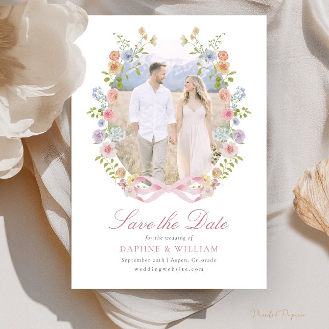 Reserve A Data Foto de Arcos e Flores Silvestres (Bows and Wildflowers Photo Save The Date
)