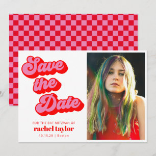 Reserve A Data Foto de Bat Mitzvah em Xadrez Rosa Vermelho Retro