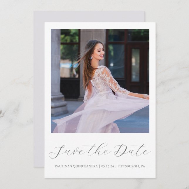 Reserve A Data Foto de Caligrafia Simples com Quinceanera Roxo bo (Frente/Verso)