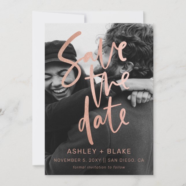 Reserve A Data Foto de Caligrafia Simples e rosa Dourada (Frente)