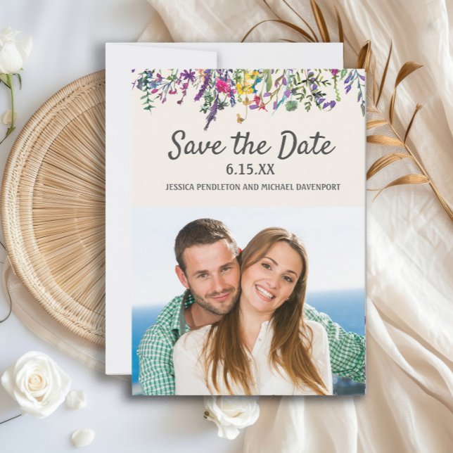 Reserve A Data Foto de casamento aquarela flores silvestres creme (Watercolor wildflowers wedding engagement photo Save the Date card)