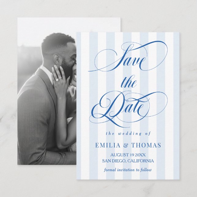 Reserve A Data Foto de casamento azul e branco Save The Date (Frente/Verso)