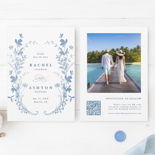 Reserve A Data  Foto de casamento botânico azul francês elegante (Front & Back)