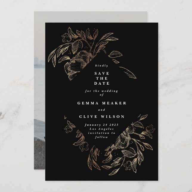 Reserve A Data Foto de Casamento Botânico Desenhado à Mão Negra (Frente/Verso)