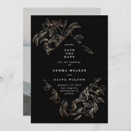 Reserve A Data Foto de Casamento Botânico Desenhado à Mão Negra