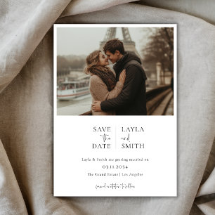 Reserve A Data Foto de Casamento Branco Preto com Script Moderno 