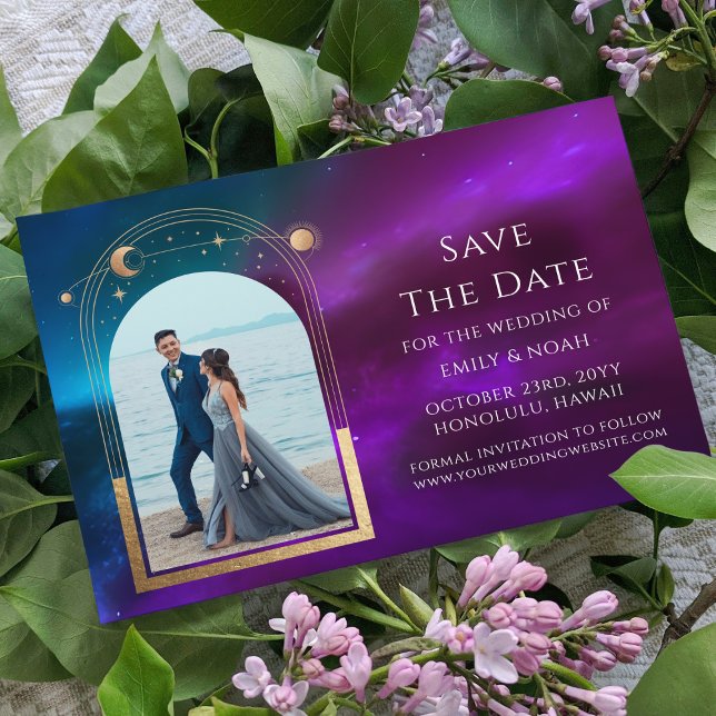 Reserve A Data Foto de casamento celestial em roxo, azul-turquesa (Criador carregado)