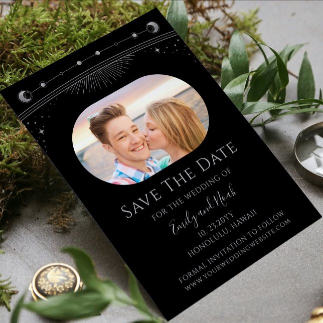 Reserve A Data Foto de casamento celestial preta e prateada místi (Criador carregado)