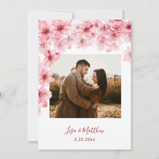 Reserve A Data Foto de casamento com flor de cerejeira em aquarel (Frente)