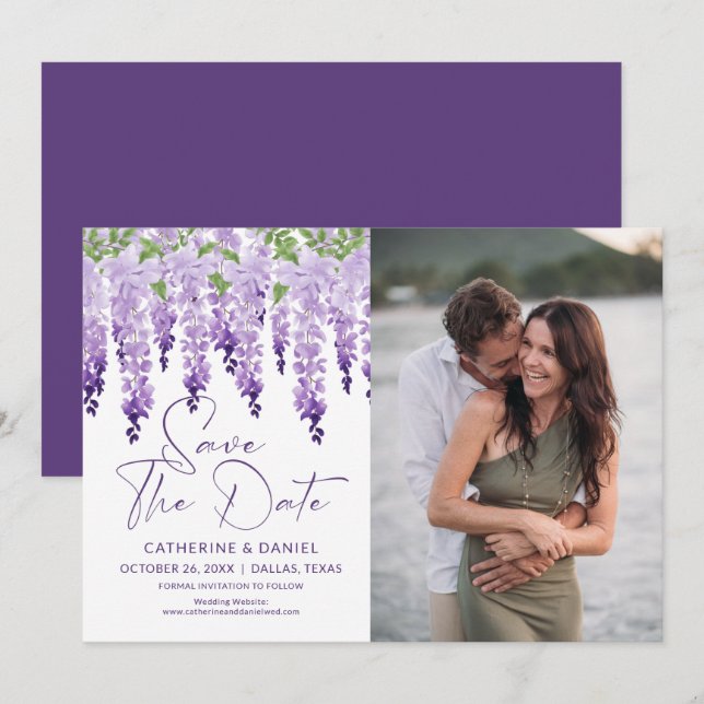 Reserve A Data Foto de casamento com glicínias em aquarela (Frente/Verso)
