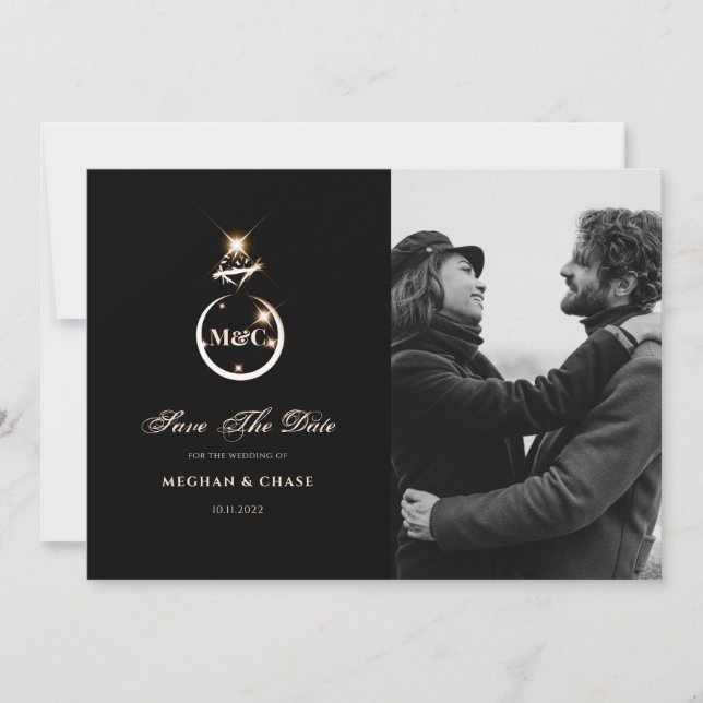 Reserve A Data Foto de Casamento com Monograma Dourado e Diamante (Frente)