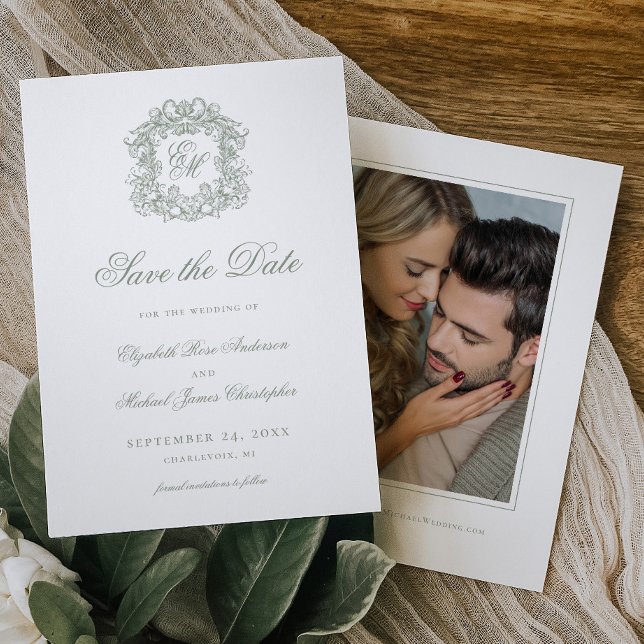 Reserve A Data Foto de casamento com monograma em verde sage anti (Criador carregado)